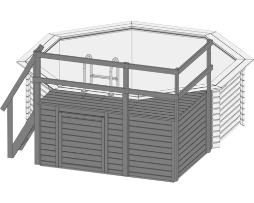 Opbouw houten zwembadset Karibu Classic 2C rond Ø 470x124 cm incl. ladder, bodembeschermvlies, zonnedek & 1 houten vleugel