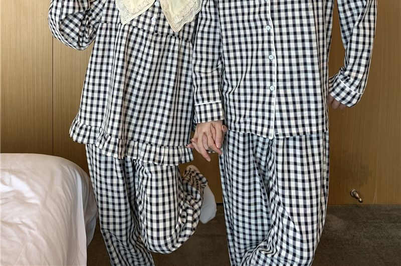 Sadelle - Koppel bijpassende pyjamatop met lange mouwen, geruite knoopsluiting, hoge taille, rechte broek, pyjamajurk en set (verschillende ontwerpen)