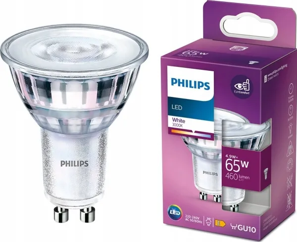 Philips LED Classic - LED-spot lyspære - GU10 - 4.9 W (tilsvarende 65 W) - klasse E - hvidt lys - 3000 K