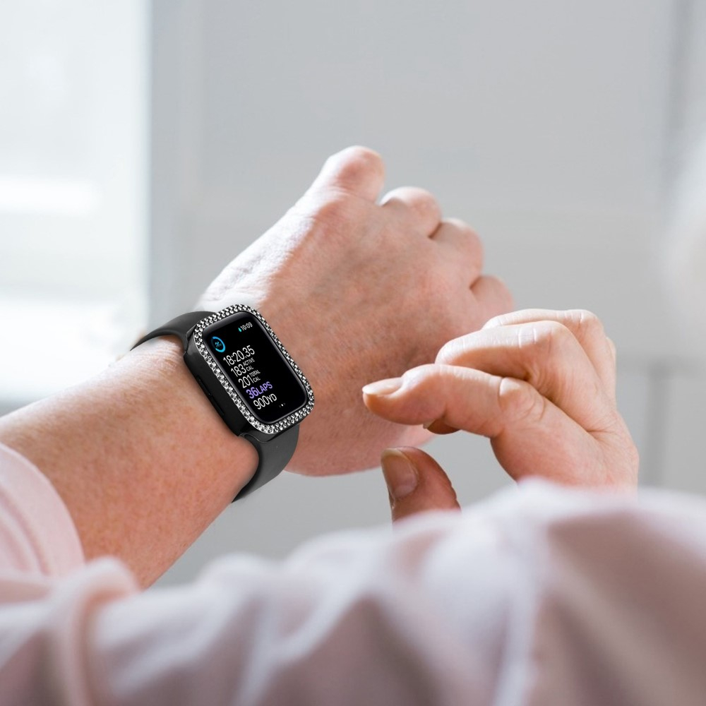 Apple Watch (44mm) Hardcase Glitzer Strass Bumper Hülle mit Display Schutzglas - Schwarz
