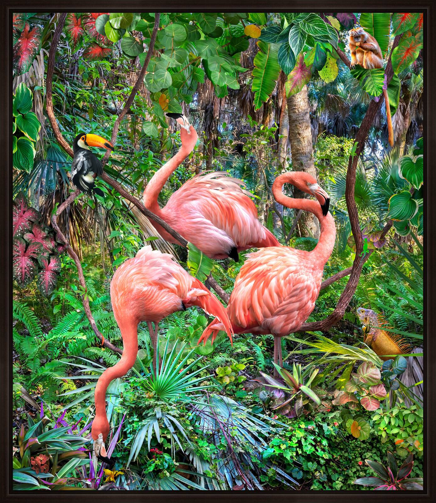 Three Flamingos and Assorted Admirers by Pat Swain - Limited Edition. Edition of: 150. Signed.
