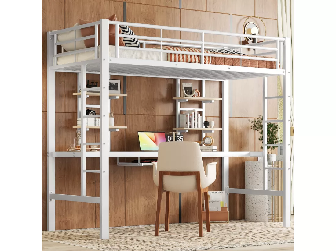 Lit mezzanine 90x200cm - avec bureau et étagères - cadre en métal - Blanc