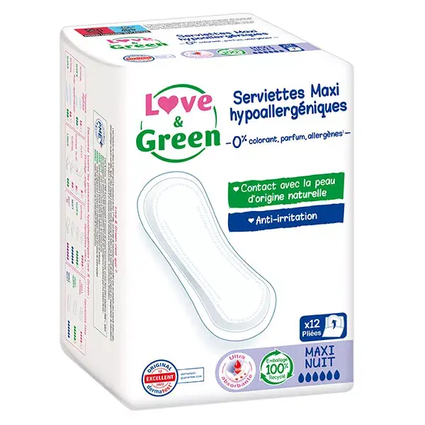Absorventes higiênicos noturnos hipoalergênicos Love & Green, pacote com 12 unidades.