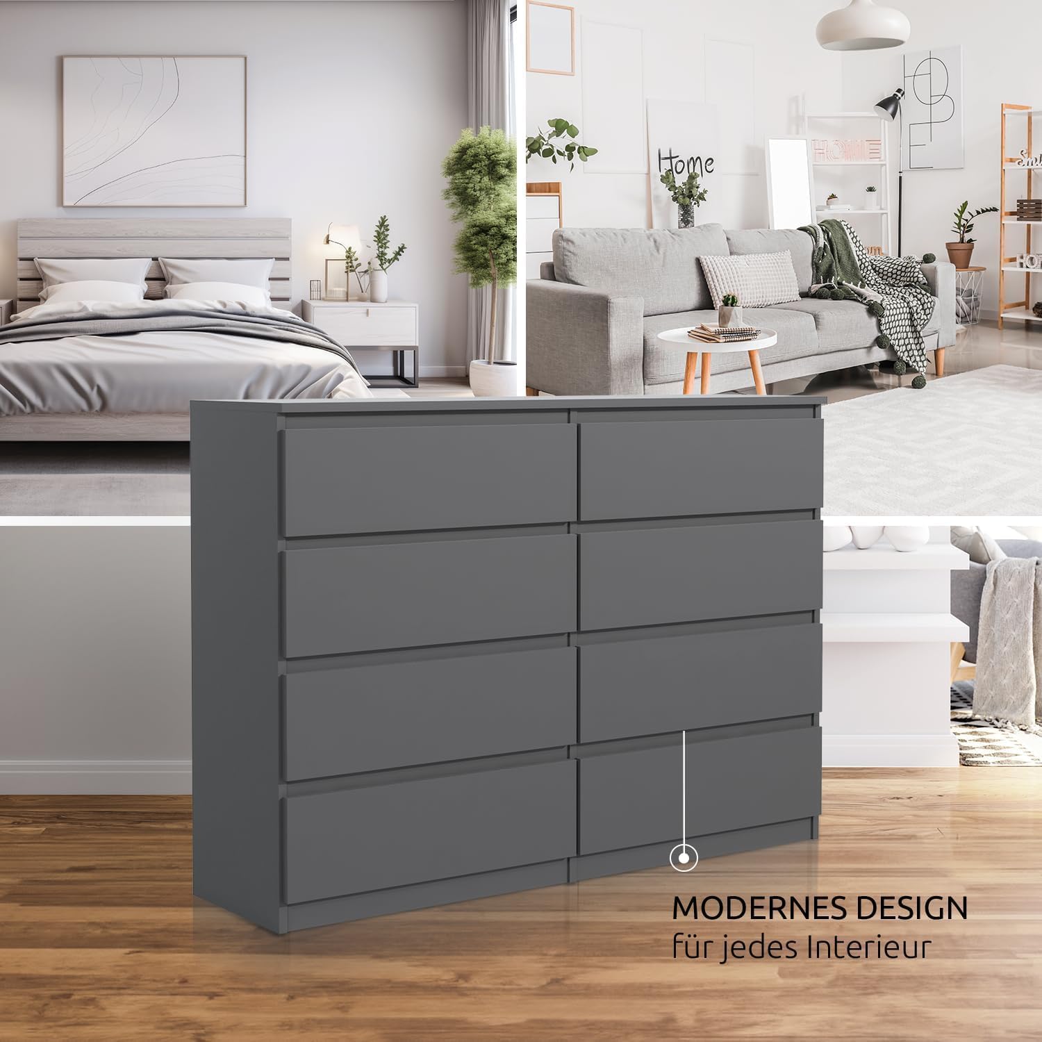 meble masztalerz Kommode 120 cm Breit - Modernes Sideboard - Schrank mit 8 Schubladen - Schubladenschrank - Kommodenschrank für Wohnzimmer, Flur, Schlafzimmer - Anthrazit 120x101,5x39 cm