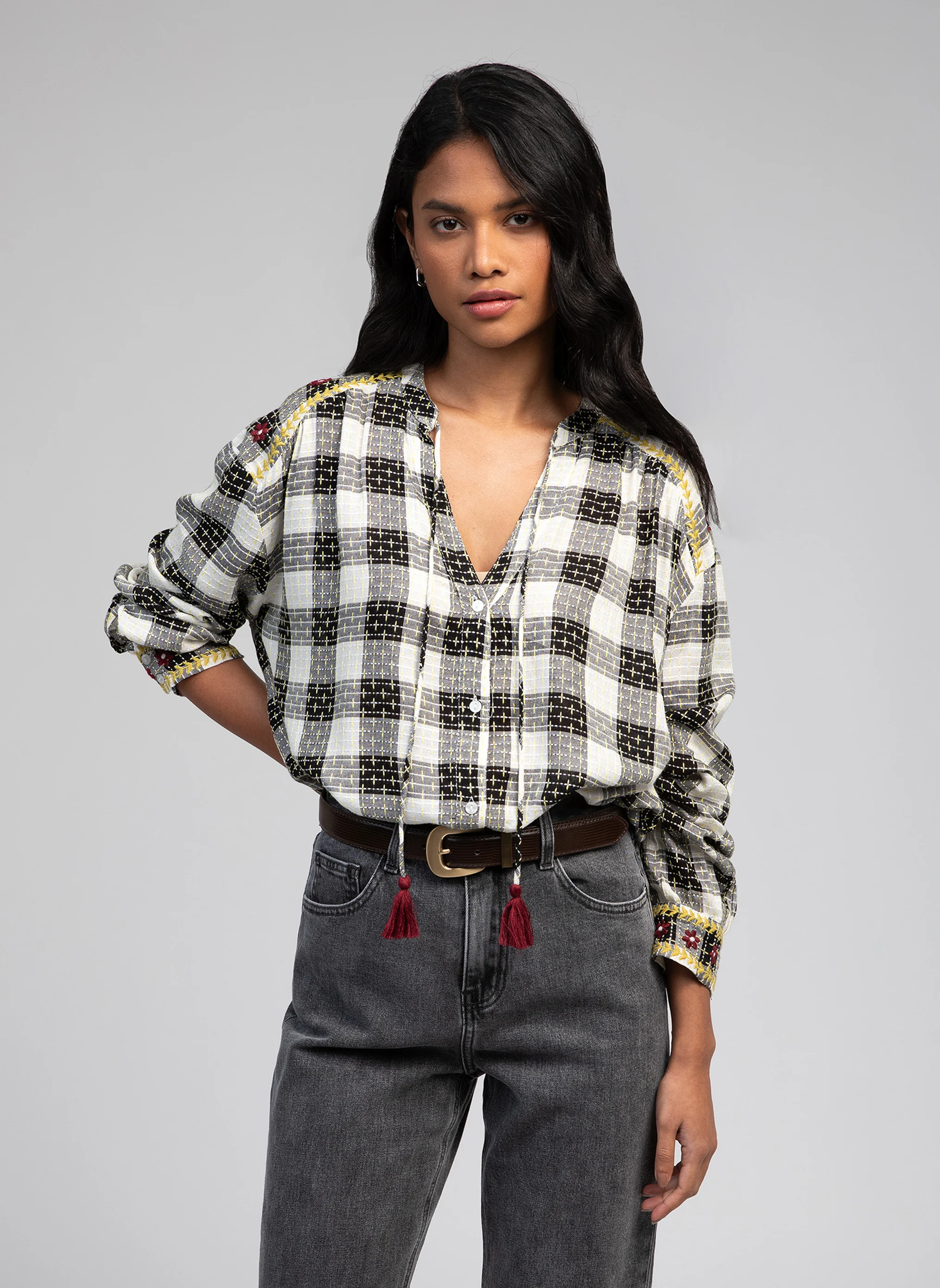 SOLANE - Blouse ample à carreaux | Noir
