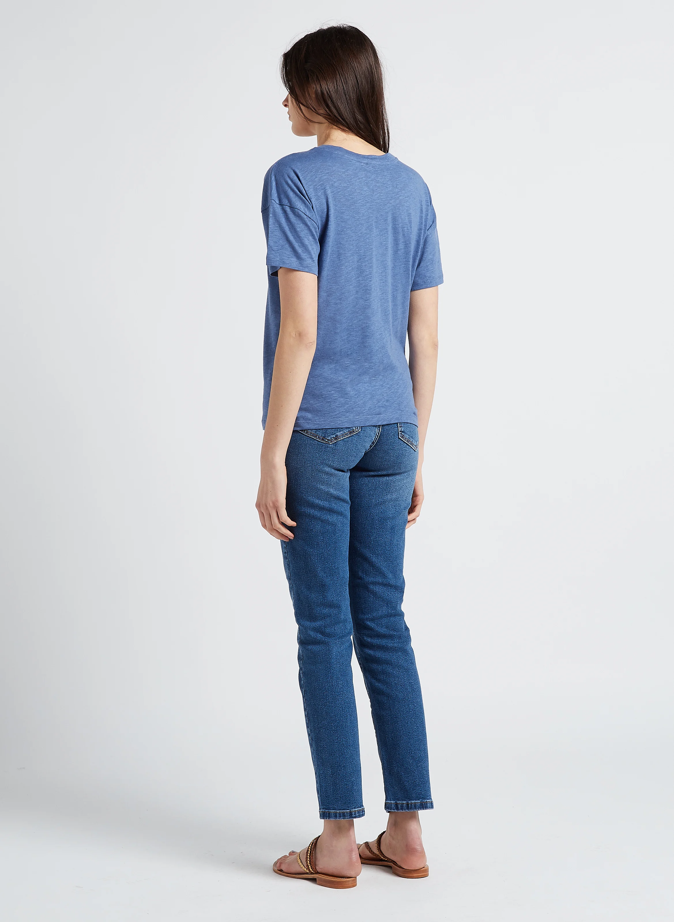 Jean droit taille mi-haute en denim de coton| Bleu