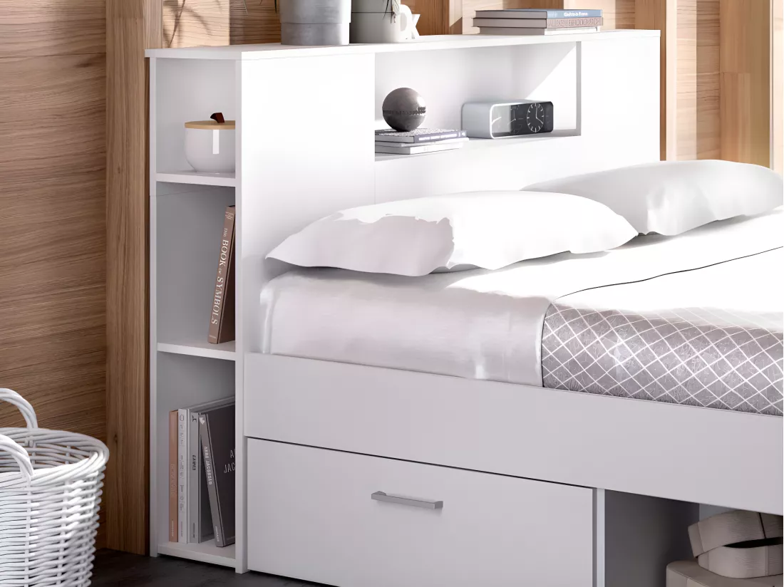 Lit avec tête de lit rangements et tiroirs - 160 x 200 cm - Coloris : Blanc + Sommier - LEANDRE