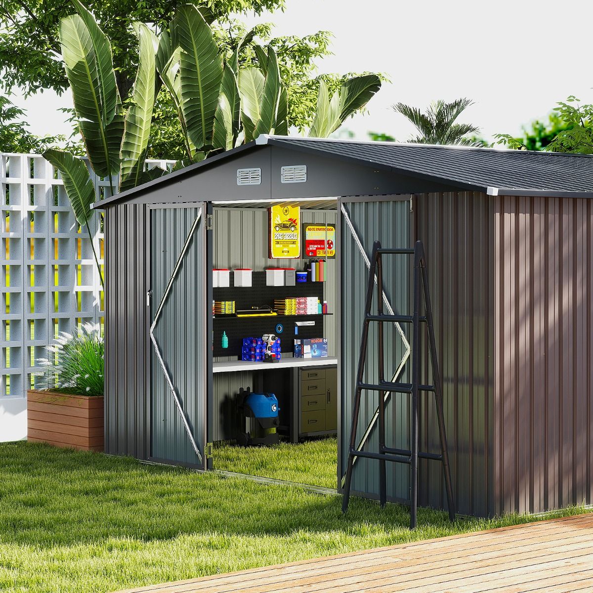 Abri de Stockage Extérieur Grand Hangar à Outils avec Design de Toit Incliné Portes Fermables avec Clés 4 Aérations 350x350x198cm Gris - Lidl-Manfred