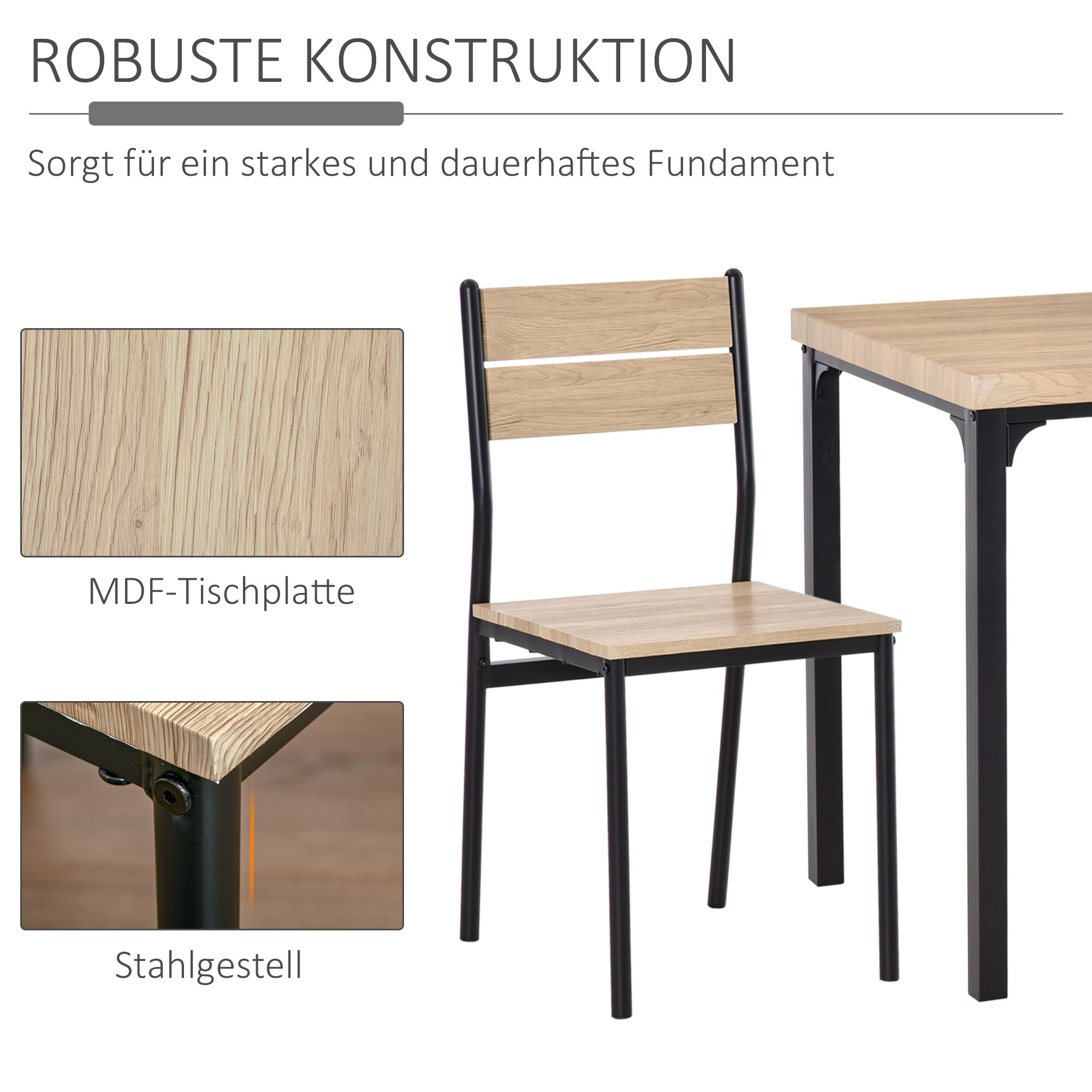 HOMCOM Esstisch-Set mit 1 Tisch + 2 Stühlen Naturholzoptik, schwarz