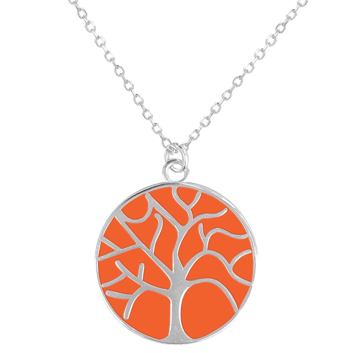 Collier arbre de vie en argent rhodié avec émail orange