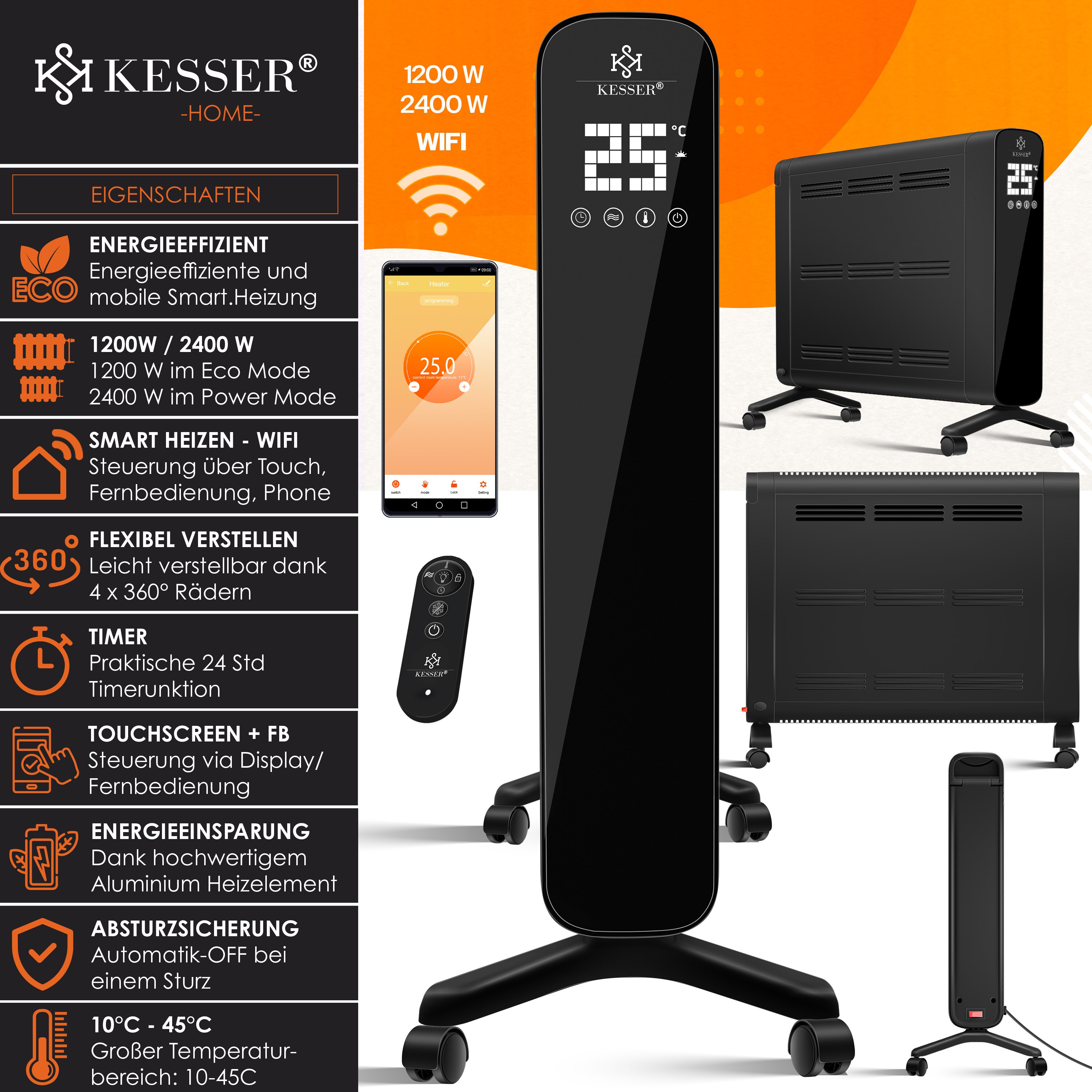 KESSER® Konvektor Premium 1200W ECO 2400W Power Mode Heizstufen Thermostat Elektroheizung WiFi App & Fernbedienung Touch-Display Timer mobiles Heizgerät Energiesparend Überhitzungsschutz