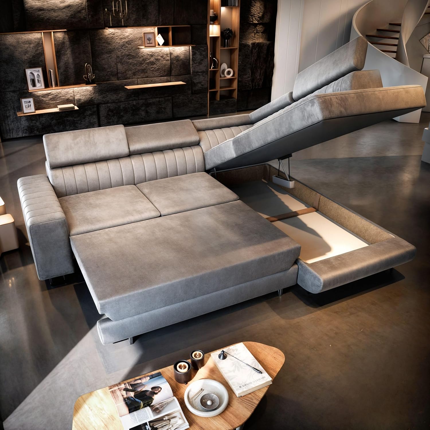 Masseno Ecksofa NOLA R-S mit Schlaffunktion L-Form, Sofa mit Bettkasten, Wohnzimmersofa, Couch, Soffa, Bettsofa, Couchgarnitur- Blau, Monolith 77