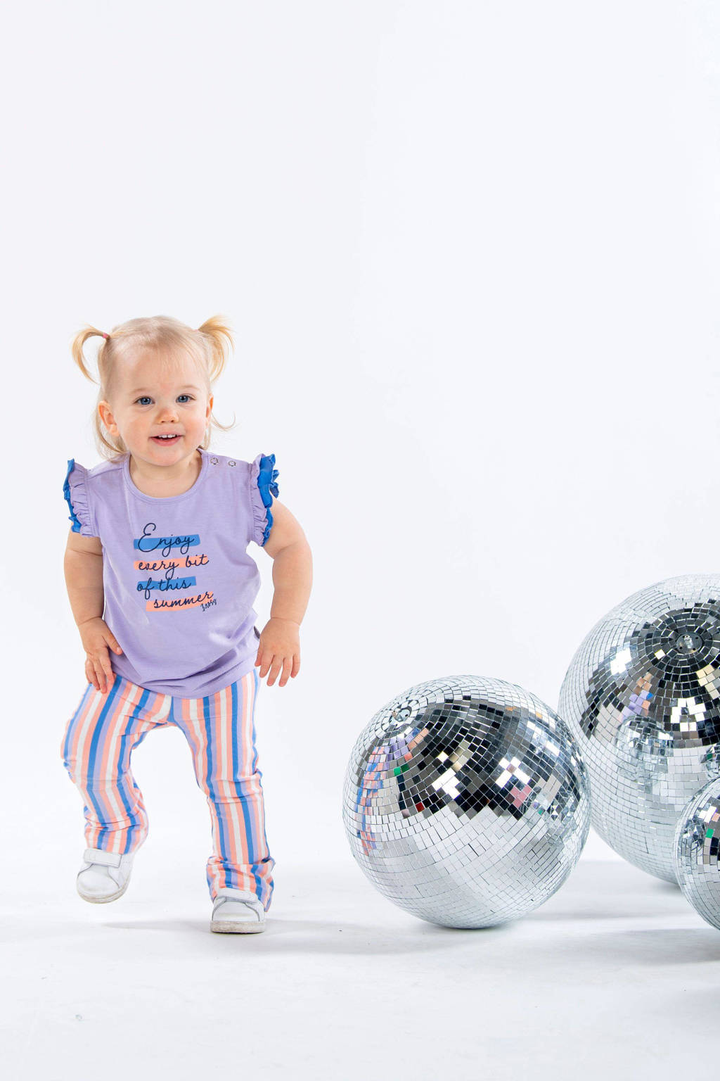 B.Nosy T-shirt Pearl met tekst en ruches lila/blauw