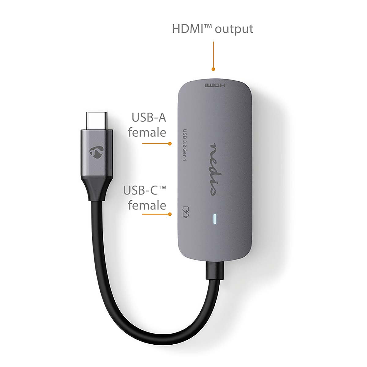 Nedis adaptateur Multi-Ports USB-C vers USB, USB-C et HDMI - 10 cm - Gris