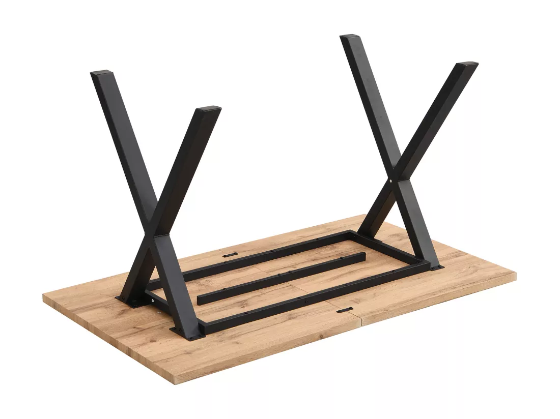 Table à manger 6 couverts, bois MDF + métal, noir & chêne, 140 x 80 x 76 cm