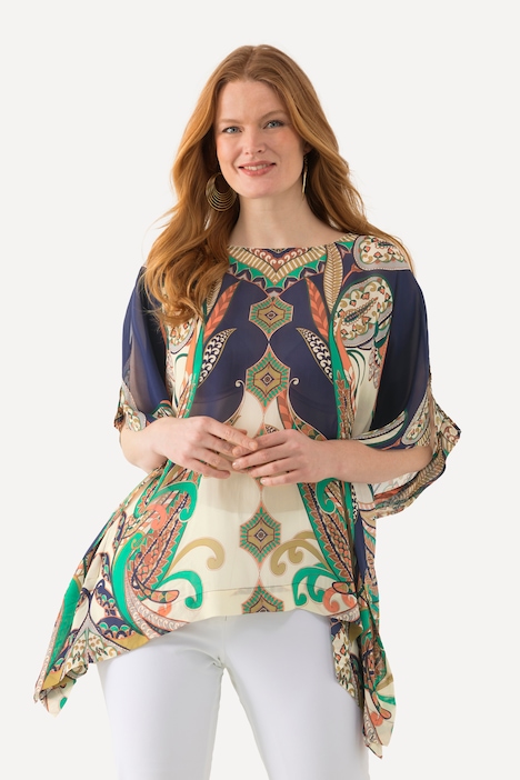 Bluse, Chiffon, Oversized, Rundhals, Halbarm