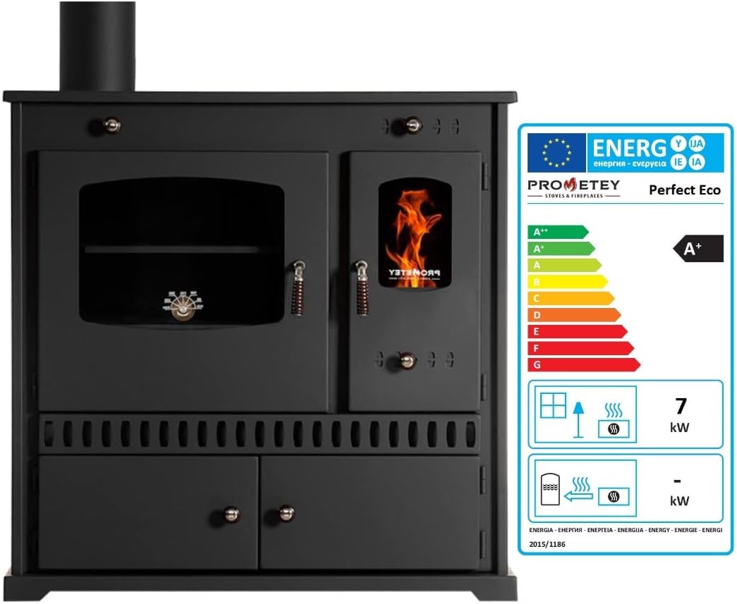 Prometey EEK A+ Kaminofen mit Backfach und Herdplatte Perfect Eco Schwarz Rechts Holzofen 7 kW Kamin Ofen Holz Werkstattofen Hüttenofen Heizofen Gartenofen, L