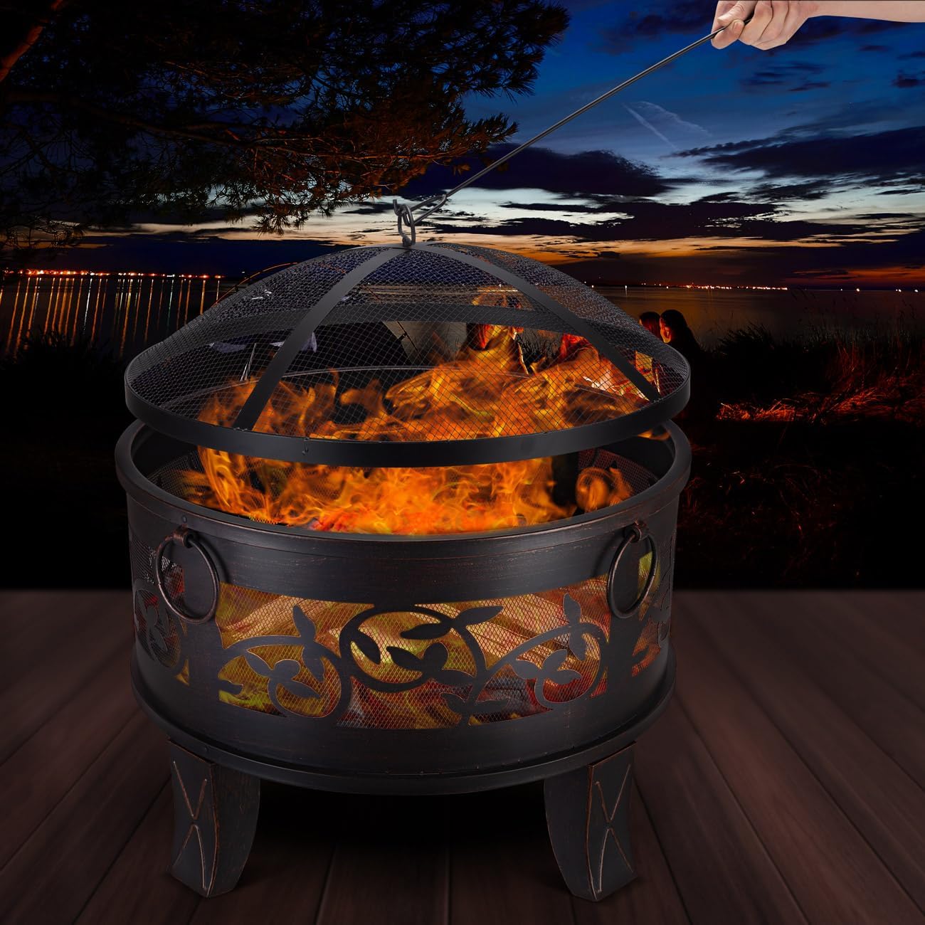 GARDEBRUK® Feuerschale mit Funkenschutz Rund Ø66cm Schürhaken Abdeckung Schwarz Modern Terrasse Garten Feuerstelle Feuerkorb Kamin Ofen Holz Grill