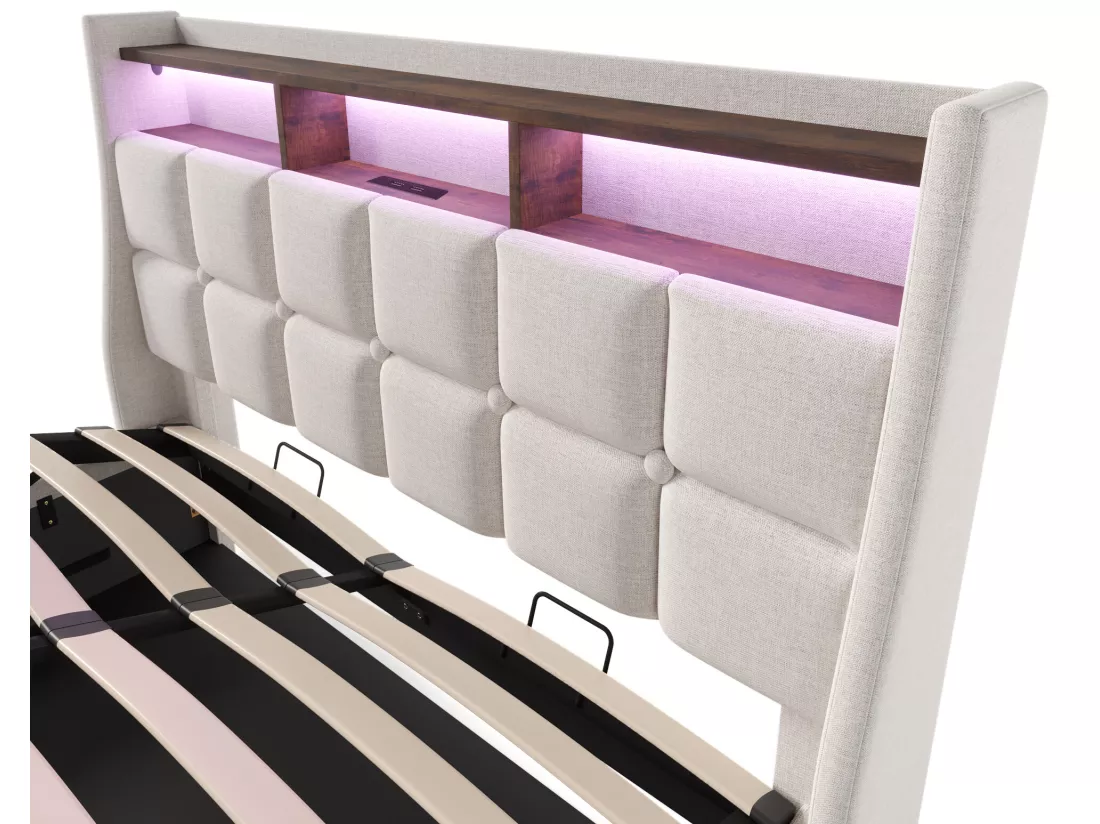 Lit coffre en lin 180x200cm avec LED et ports USB - sommier à lattes - beige