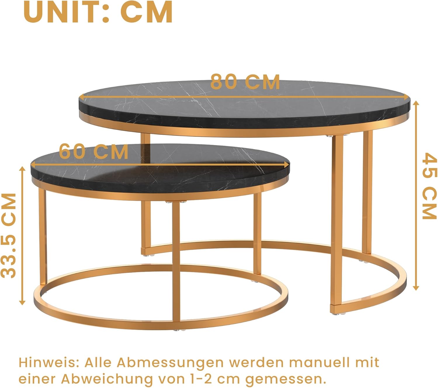 okwish Set mit 2 Runden Couchtischen, satztische fürs Wohnzimmer, Mit Schwarz MDF-Tischplatte Gold Metallrahmen, Ideal für Wohnzimmer, Balkon und Büro, Größe 80x45+60x33,5 cm