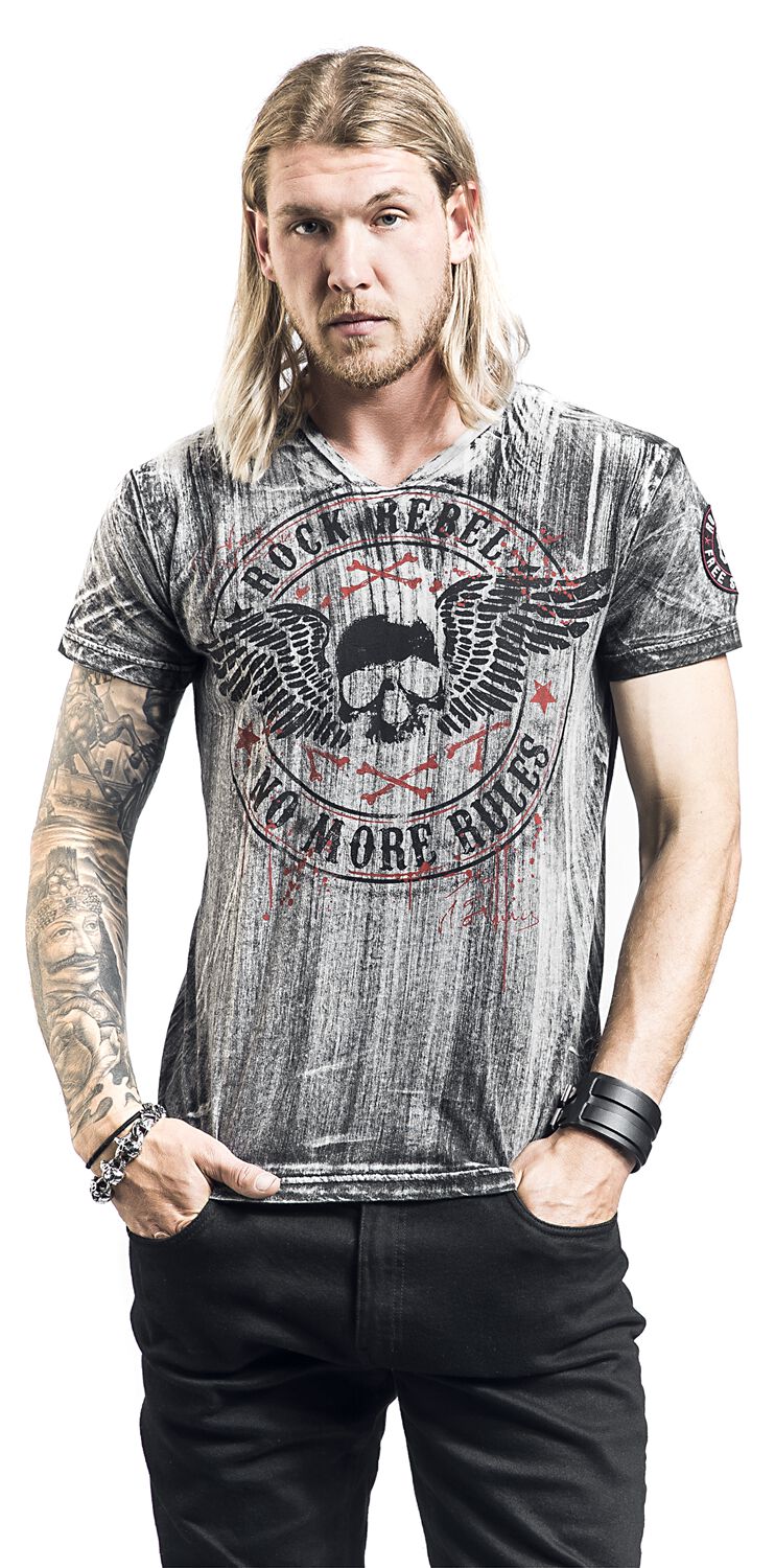 T-Shirt Gris Col En V & Imprimé | Rock Rebel by EMP T-Shirt Manches courtes