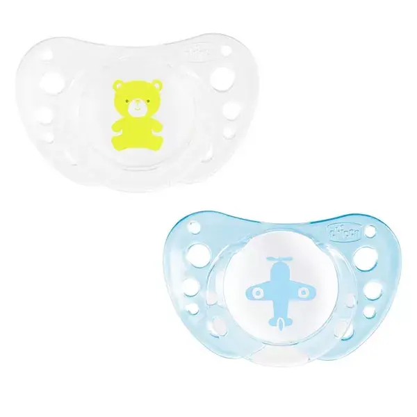 Chicco Physio Forma Air Sucette Silicone +0m Bateau Ourson Lot de 2 + Boite de Stérilisation