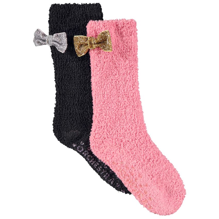Lot de 2 paires de chaussettes antidérapantes en sherpa avec noeud fantaisie pour fille - Multicolore