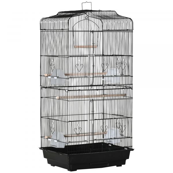 Pawhut Gaiola Passáros Gaiola de Metal com Portas 4 Comedouros 3 Poleiros Baloiço Bandeja Removível 46,5x35,5x92cm Preto