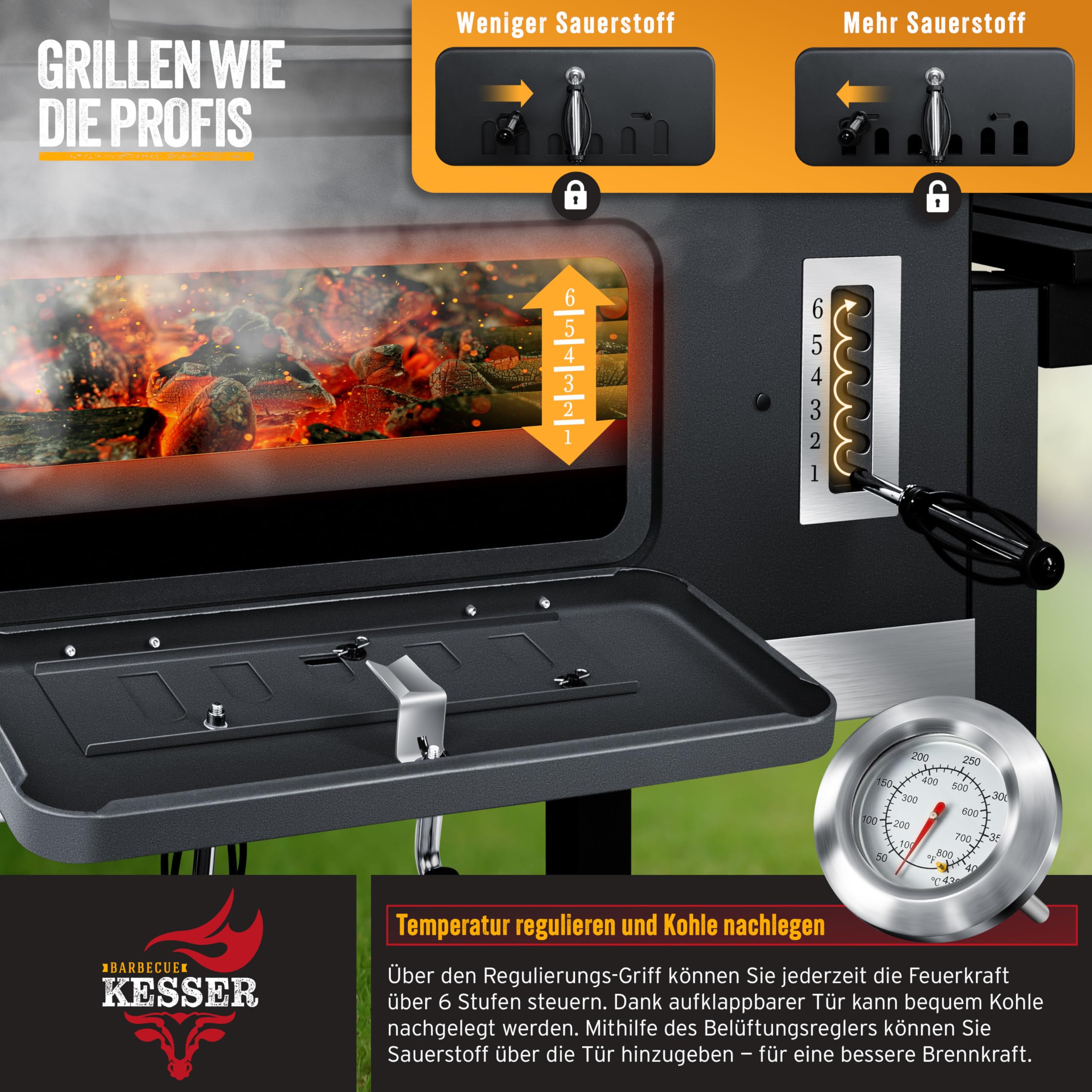KESSER® Chariot à Barbecue | Grill XXL à Charbon de Bois avec Couvercle, Roues, poignée en Acier Inoxydable, Grille et thermomètre | Grand Barbecue au Charbon de Bois