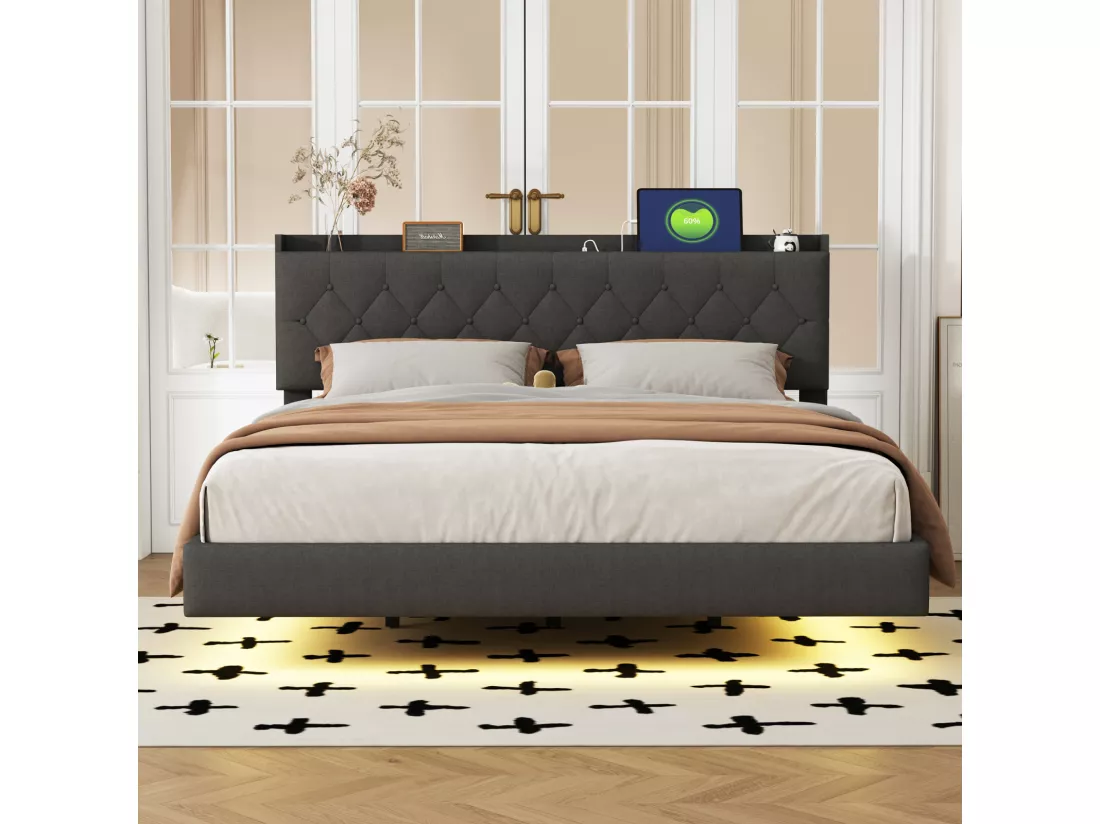 Lit double LED suspendu 160x200cm, en tissu de lin, avec sommier à lattes et tête de lit avec port de chargement USB, gris