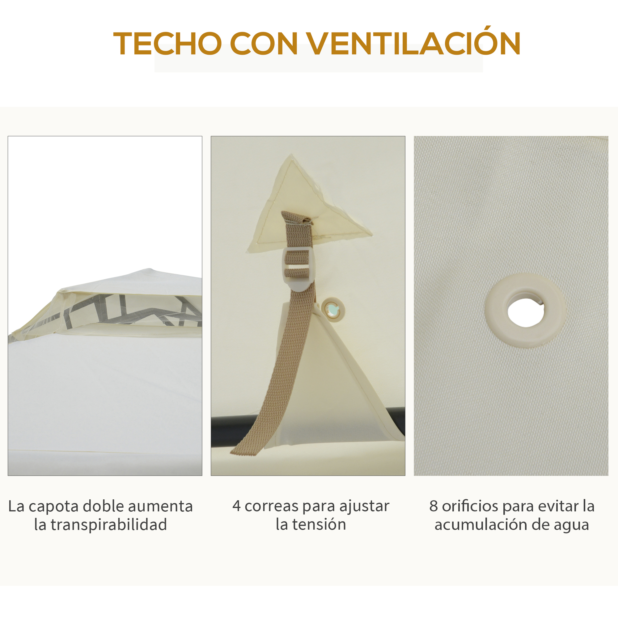 Gazebo de jardim Outsunny 3x3m, pavilhão externo com teto ventilado duplo, cortinas mosquiteiras com zíper em 4 lados, 8 orifícios de drenagem, gazebo para festas e pátio, creme.