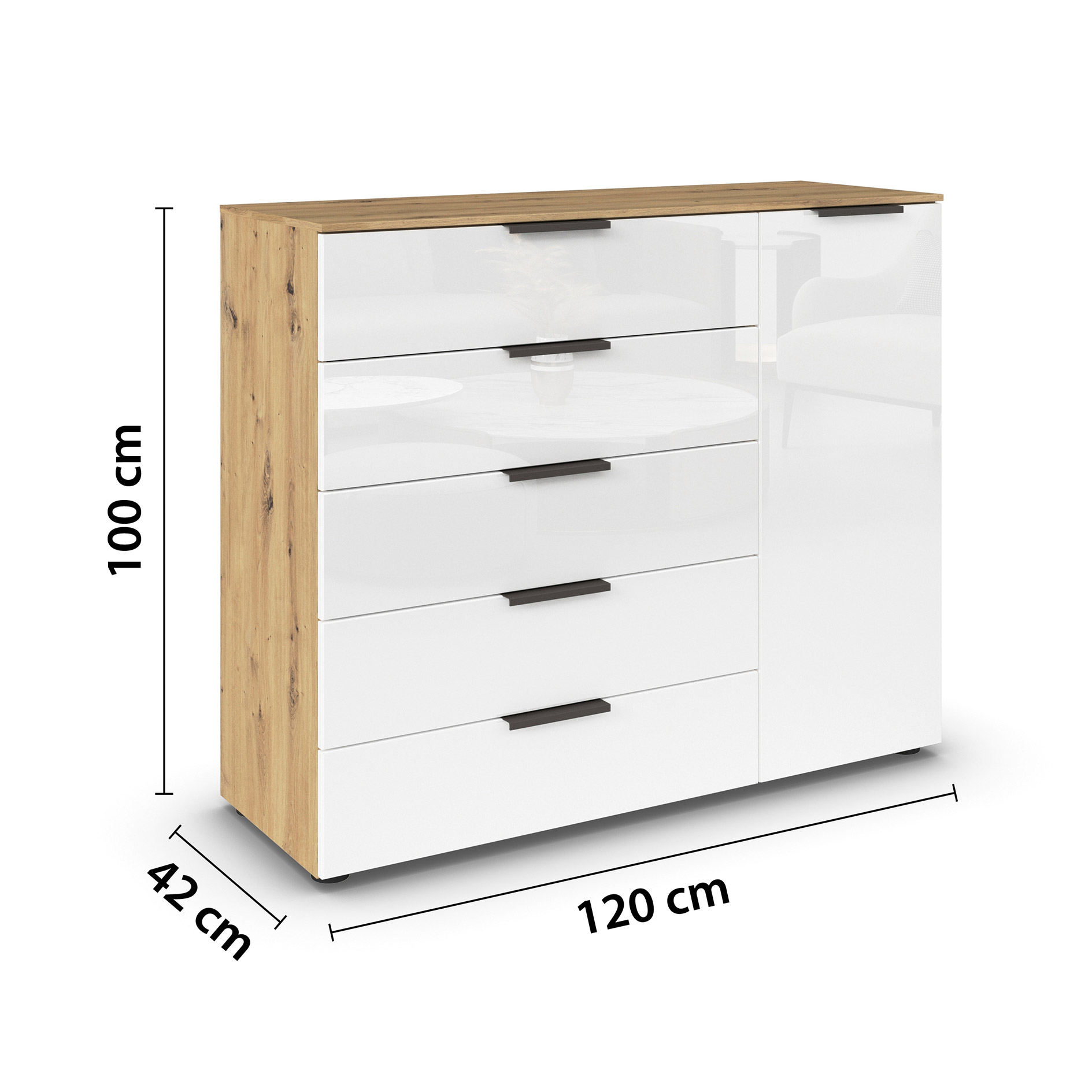 Kommode - Artisan Eiche-Kristallweißglas - Graphitgriffe - 120 cm