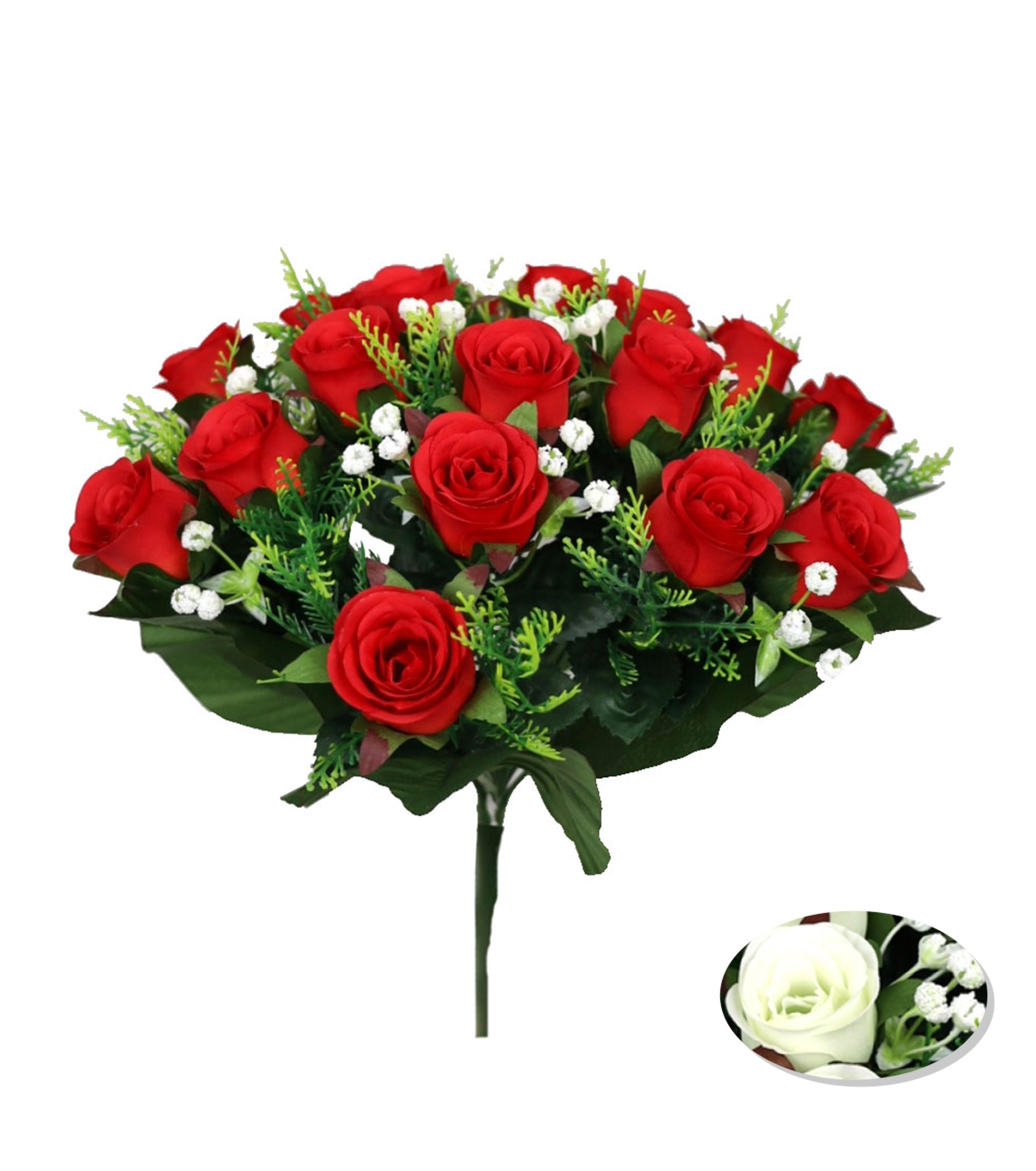 BOUQUET 18 BOUTONS ROSES ET GYPSO H.34CM