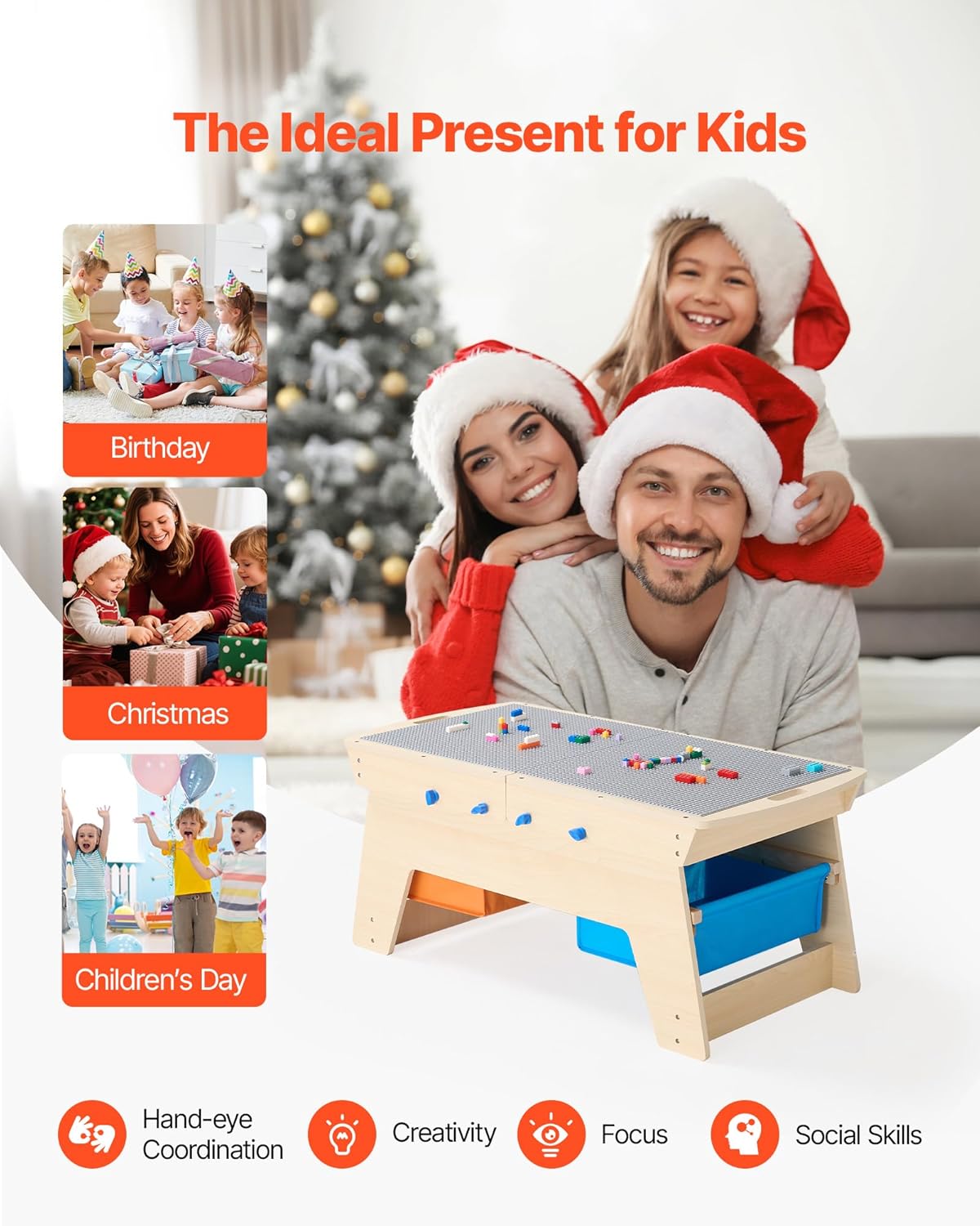 VEVOR Kindertisch 905 x 497 x 393 mm, Aktivitätstisch aus Holz, Mehrzweck-Spieltisch mit 200 Bausteinen und 3 Aufbewahrungsbehältern, Bausteintisch, Geschenk für Kinder ab 3 Jahren, Holzfarbe