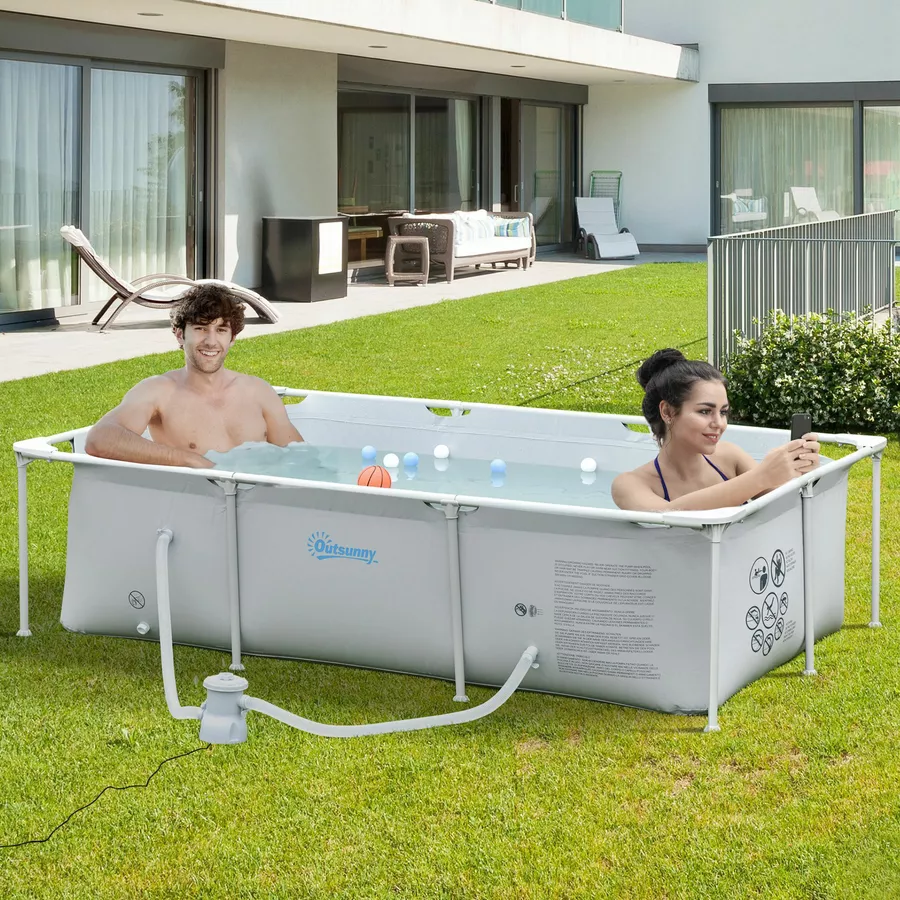 Outsunny Swimmingpool mit Filterpumpe und Filterpatrone, Rost- und korrosionsbeständig grau