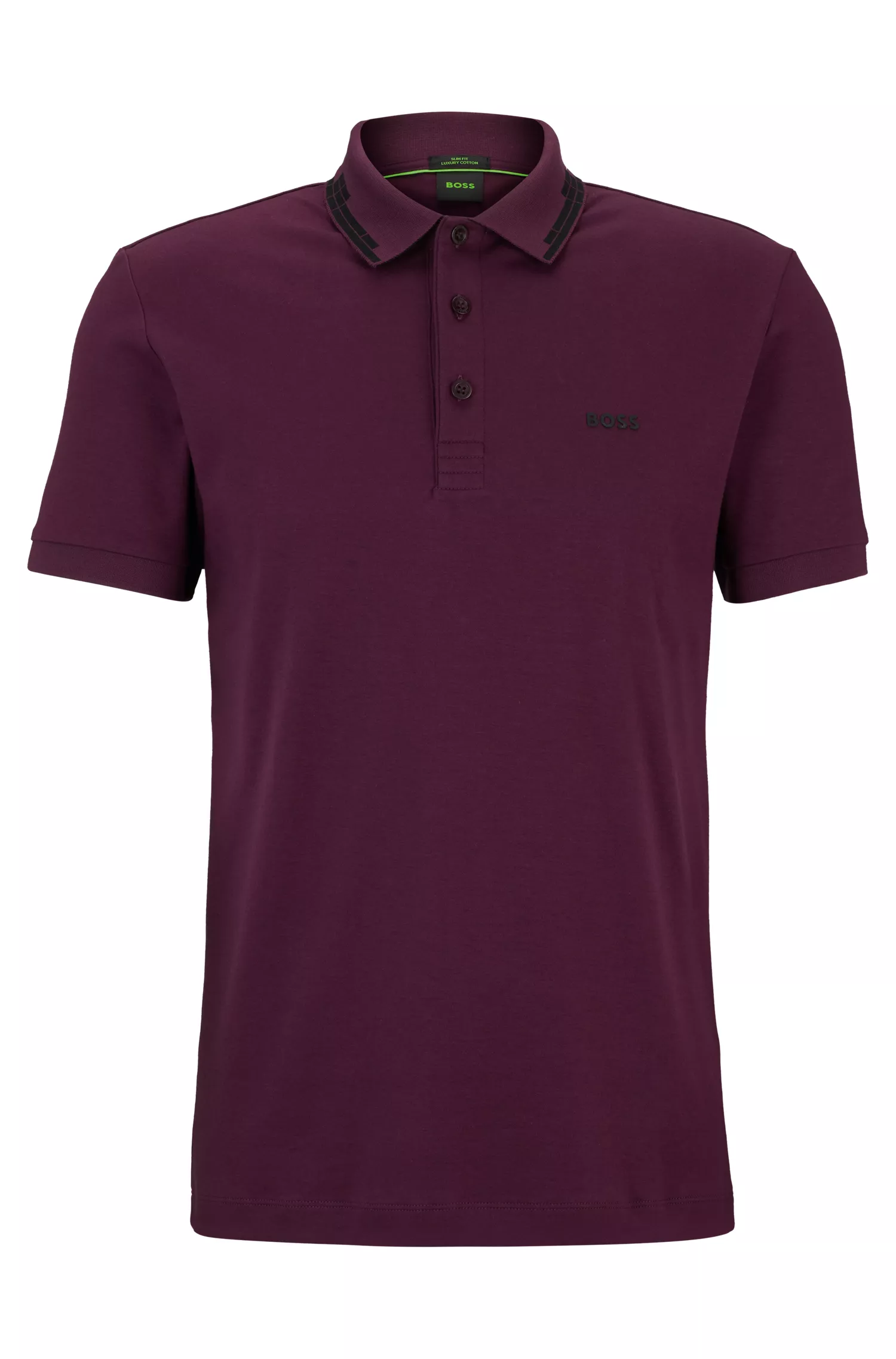 Camisa polo BOSS verde, corte slim, em algodão interlock com detalhes gráficos na gola.