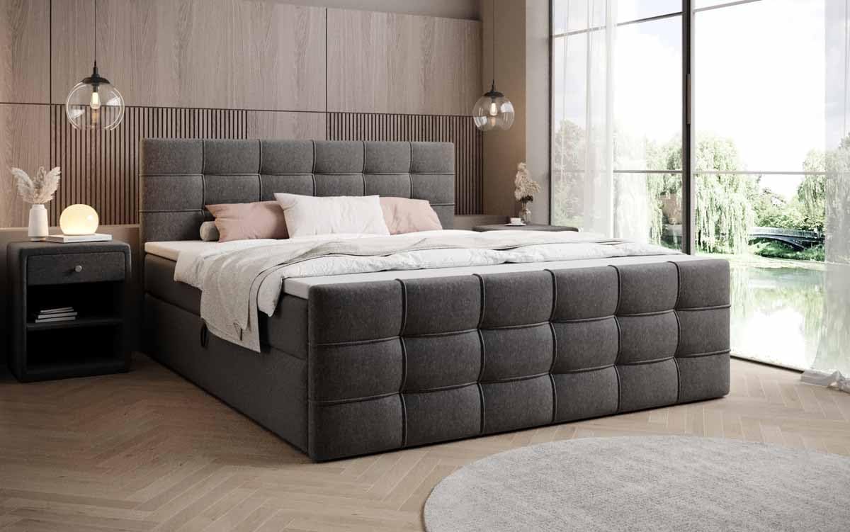 Boxspringbett Luxor Stoff 180x200 Doppelbett Polsterbett Bett mit Stauraum | Bezug: Stoff | Farbe: Grau | Härtegrad: H3 (70-100kg)