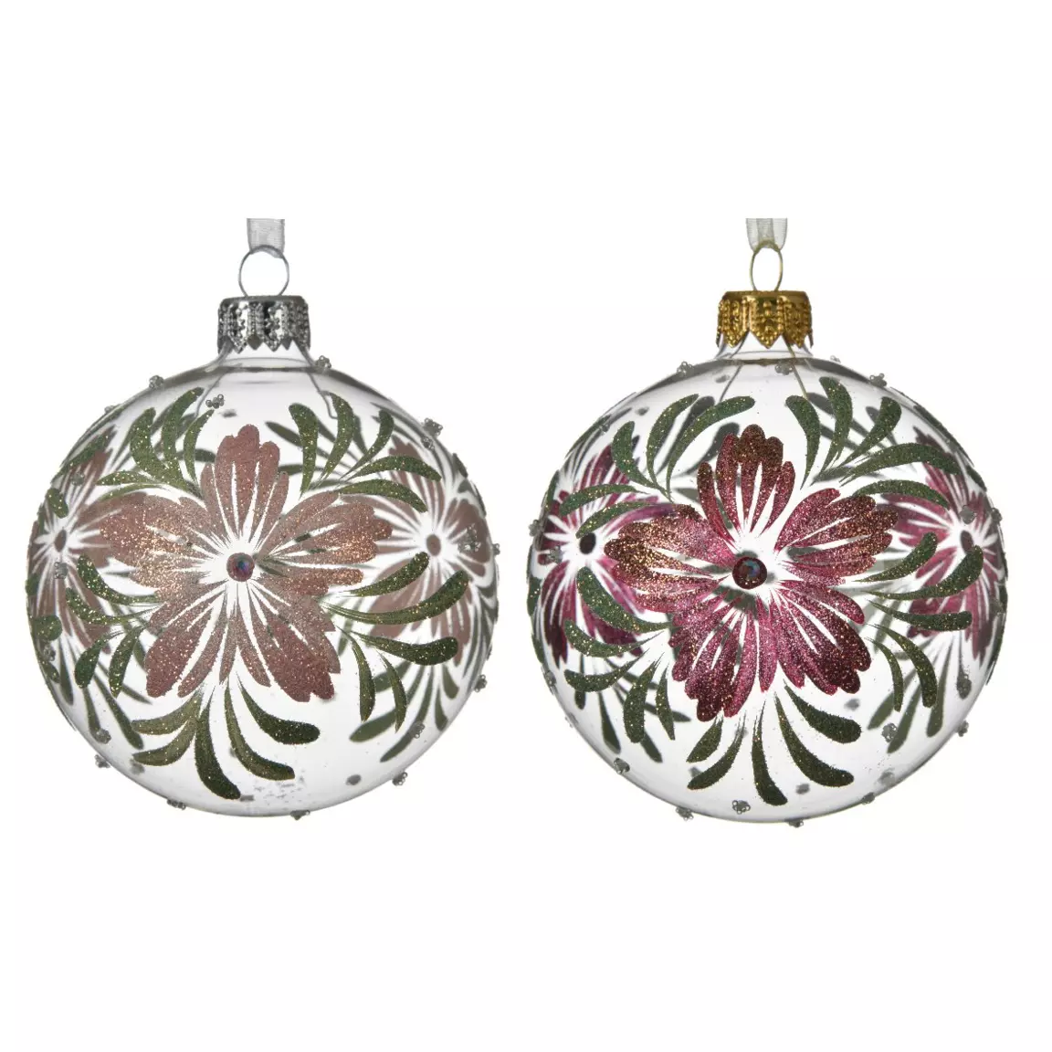 Lot de 6 boules de Noël en verre (D80 mm) Dahlia Rose poudré