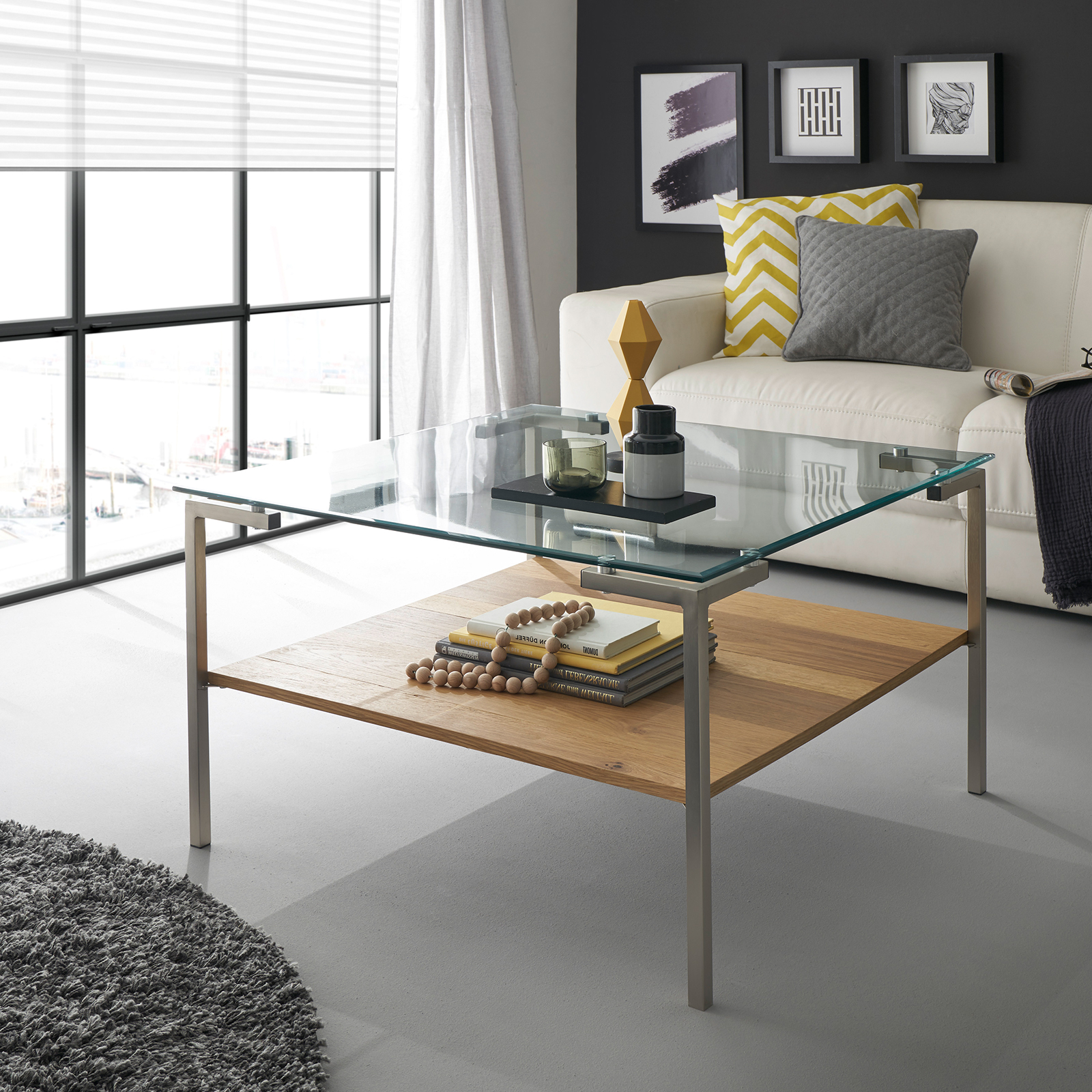 Couchtisch - Edelstahl-Eiche - Glasplatte - 65 cm