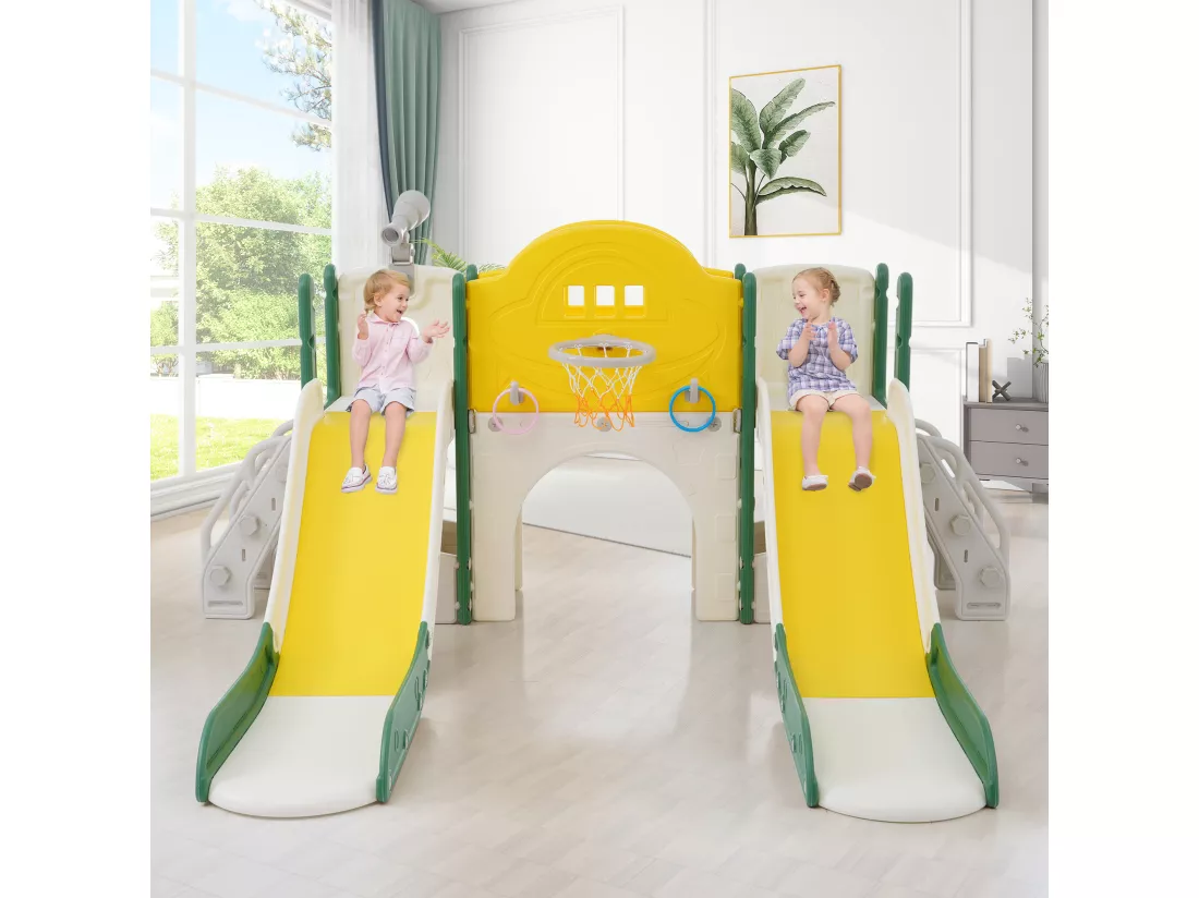 Toboggans double 8 en 1 pour enfants - 200 x 165 x 95cm - en HDPE - avec espace de rangement et panier de basket - vert