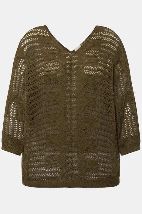 Pullover, Ajourmuster, V-Ausschnitt, 3/4-Arm, Biobaumwolle
