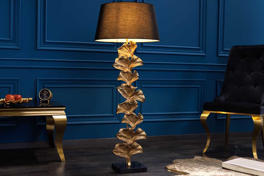 Design Stehlampe GINKGO 122cm schwarz Stoffschirm gold Metall handmade Marmor-Fuß