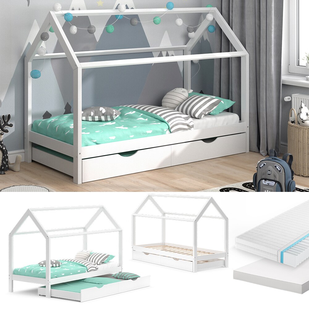 VitaliSpa Kinderbett Hausbett Gästebett Wiki Weiß 90x200cm Schublade Matratzen