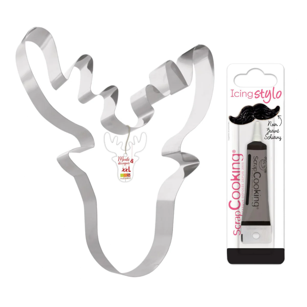 Moule-découpoir Renne + Stylo de glaçage noir Scrapcooking