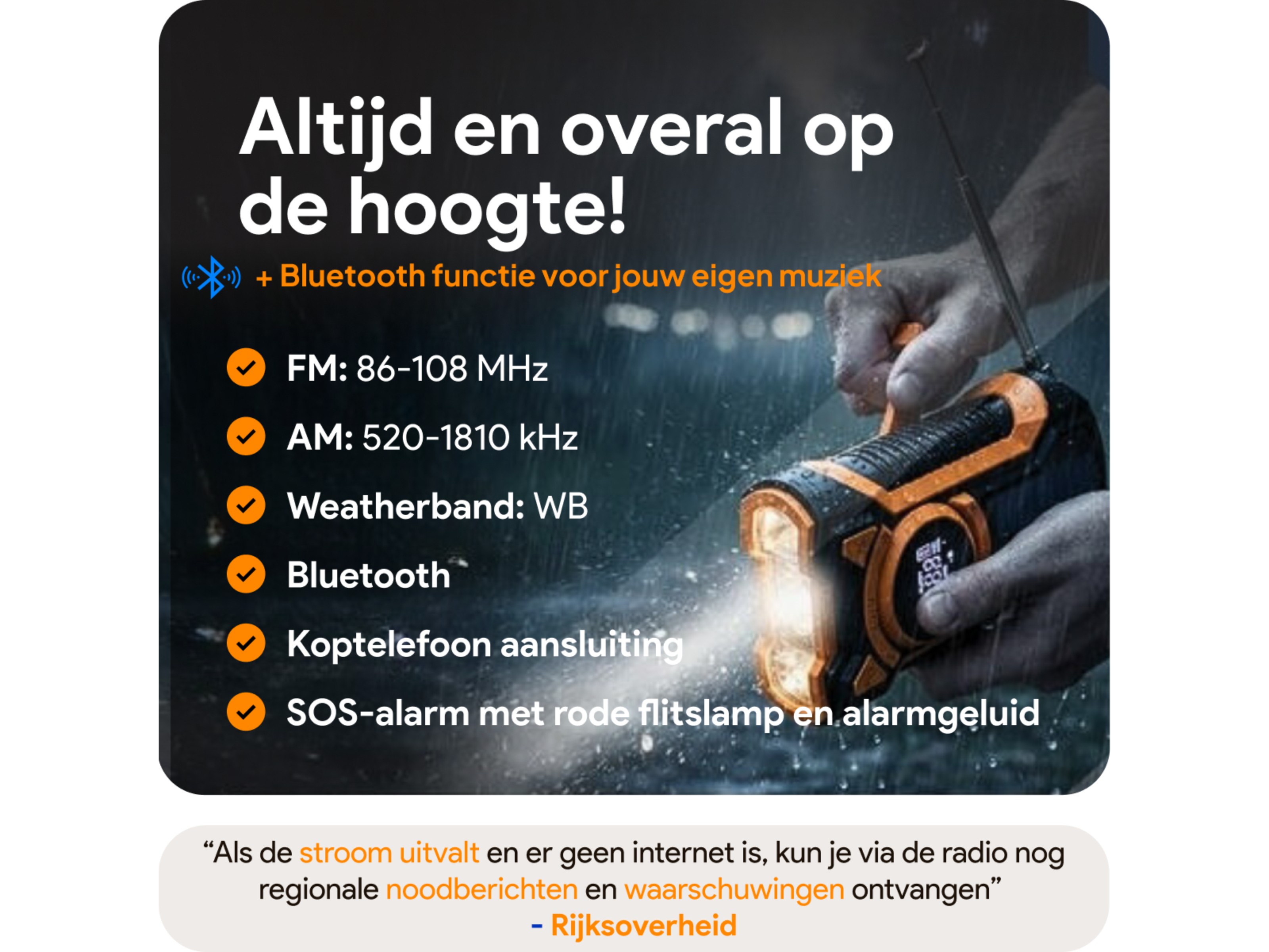 Thousandtravelmiles Noodradio met powerbank - Orange