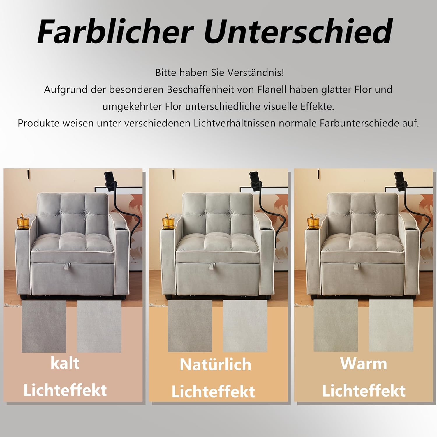 3-in-1 Ausziehbares Einzel-Schlafsofa – Mit Getränkehaltern und Handyhalter, Sofa-Liegestuhl, Schlafstuhl, Sessel, Perfekt für kleine Räume,83 * 167 * 76cm,Antikgrau-Weiß