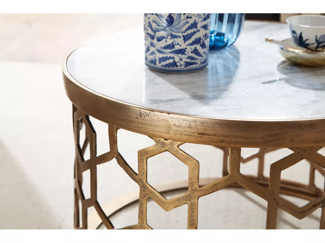 Table Basse de Salon Marbre Véritable et Métal 60x60x36 cm Ronde Or | Petite Table de Canapé Blanc | Design Table d'appoint Style Moderne