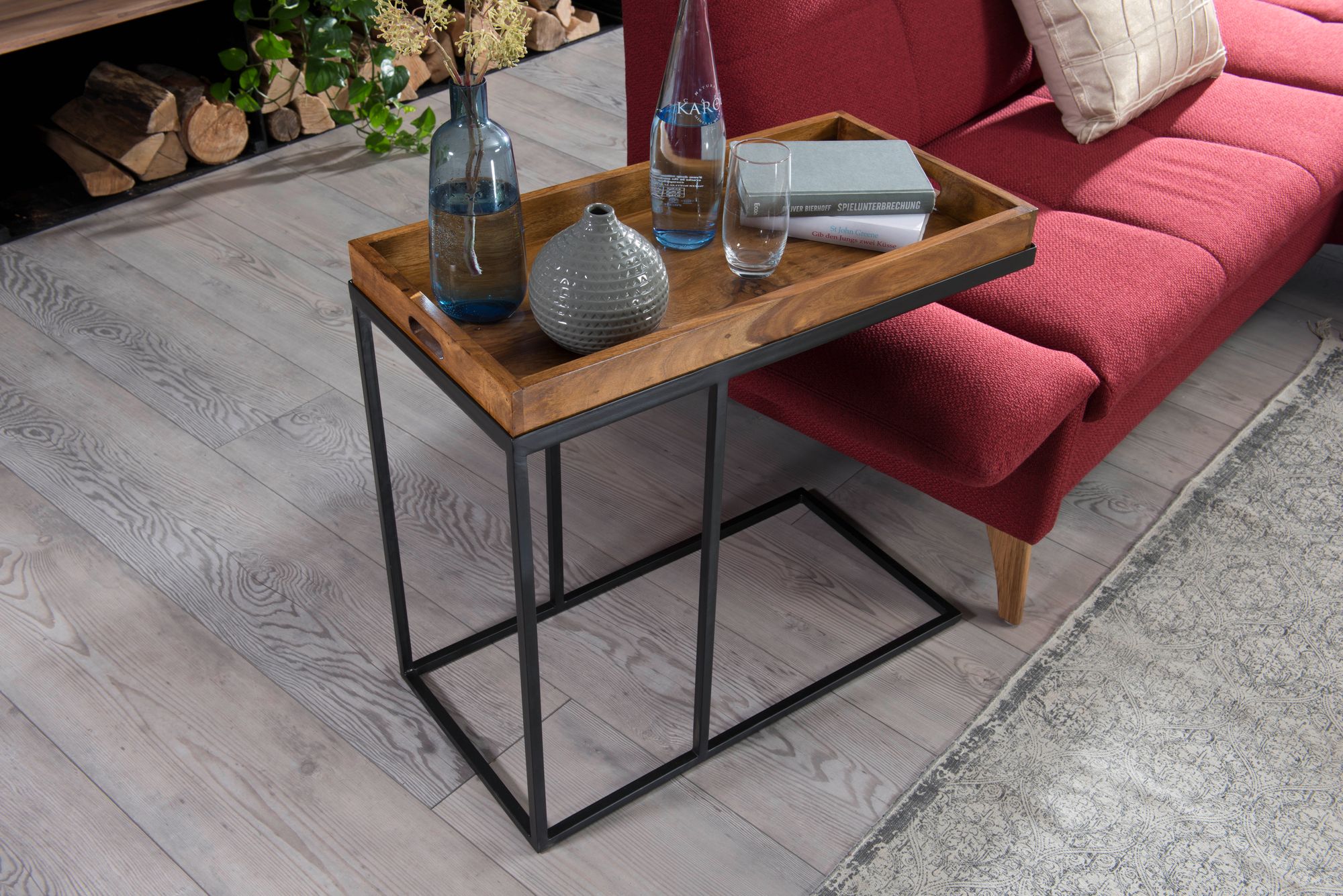 FineBuy Beistelltisch Sheesham massiv Holz Tabletttisch Abstelltisch Holz Metall
