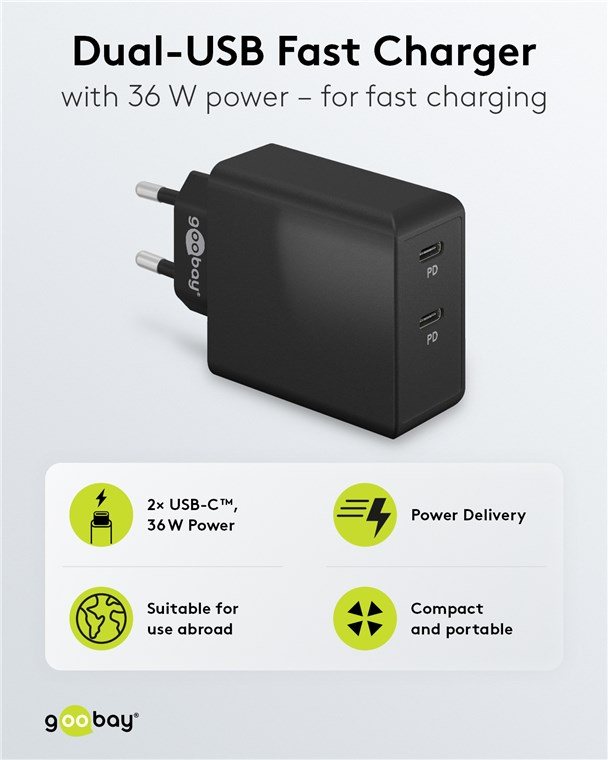 (36W/3A) Dual USB C Ladegerät Netzteil Power Delivery (61757) - Schwarz