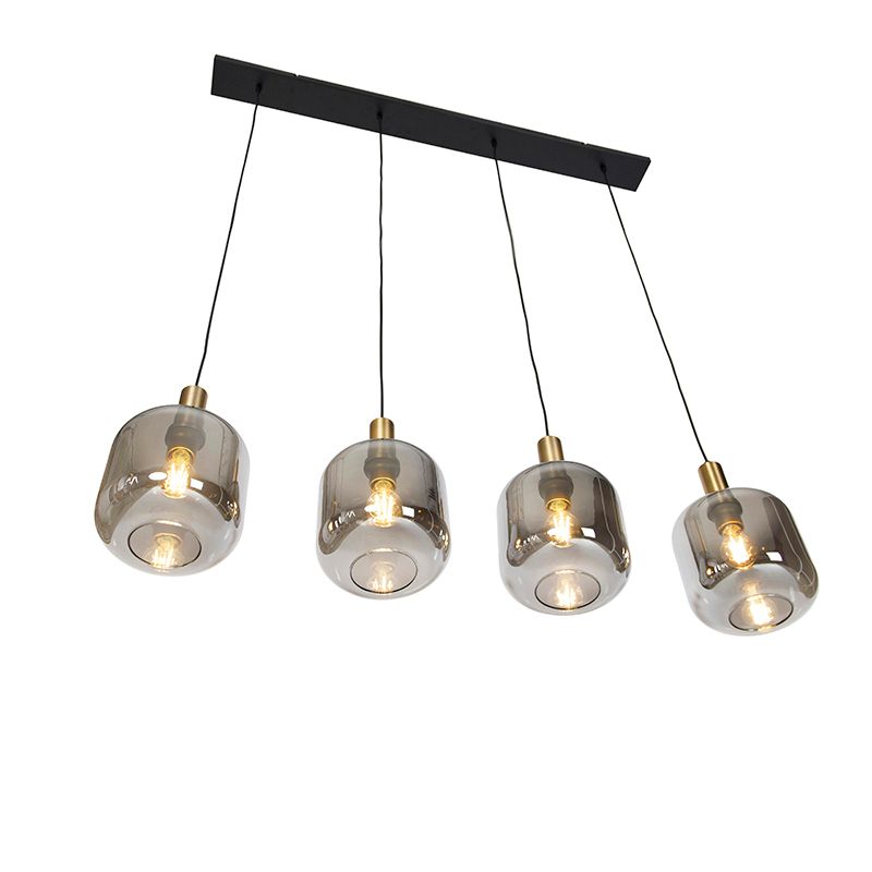 Design hanglamp zwart met goud en smoke glas 4-lichts - Zuzanna